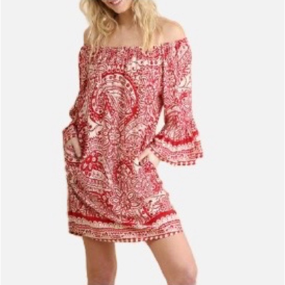 Umgee Bandana Off-Shoulder Bell Sleeve Mini Dress Medium